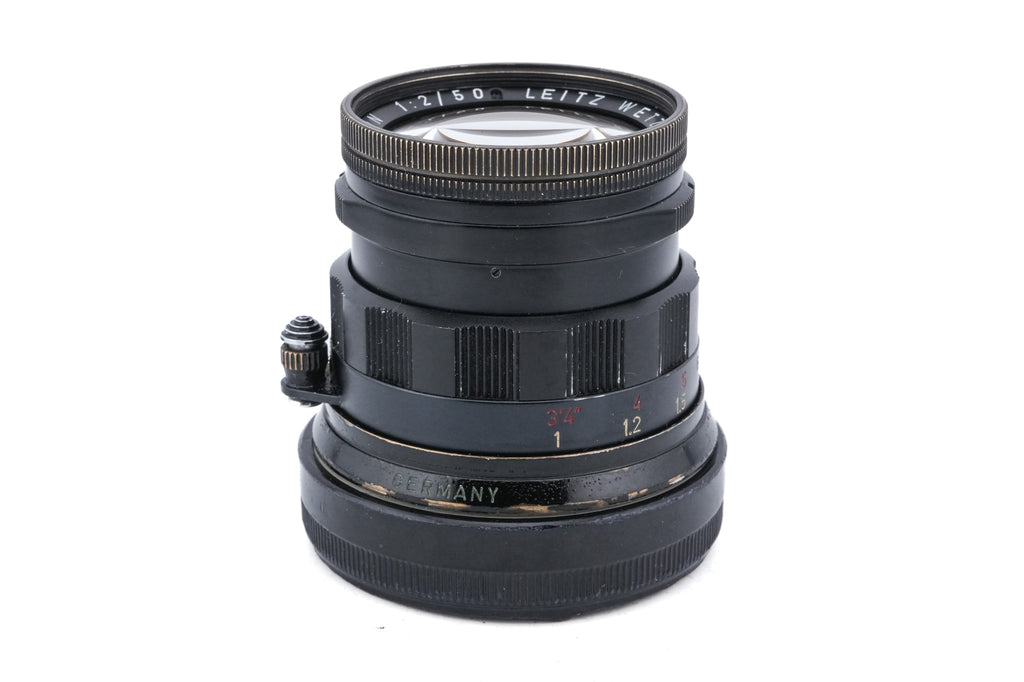 Leica 50mm f2 Summicron (Type II) (Black Paint, 11117) + Lens Hood (35/50mm f2-3.5) (IROOA / 12571)