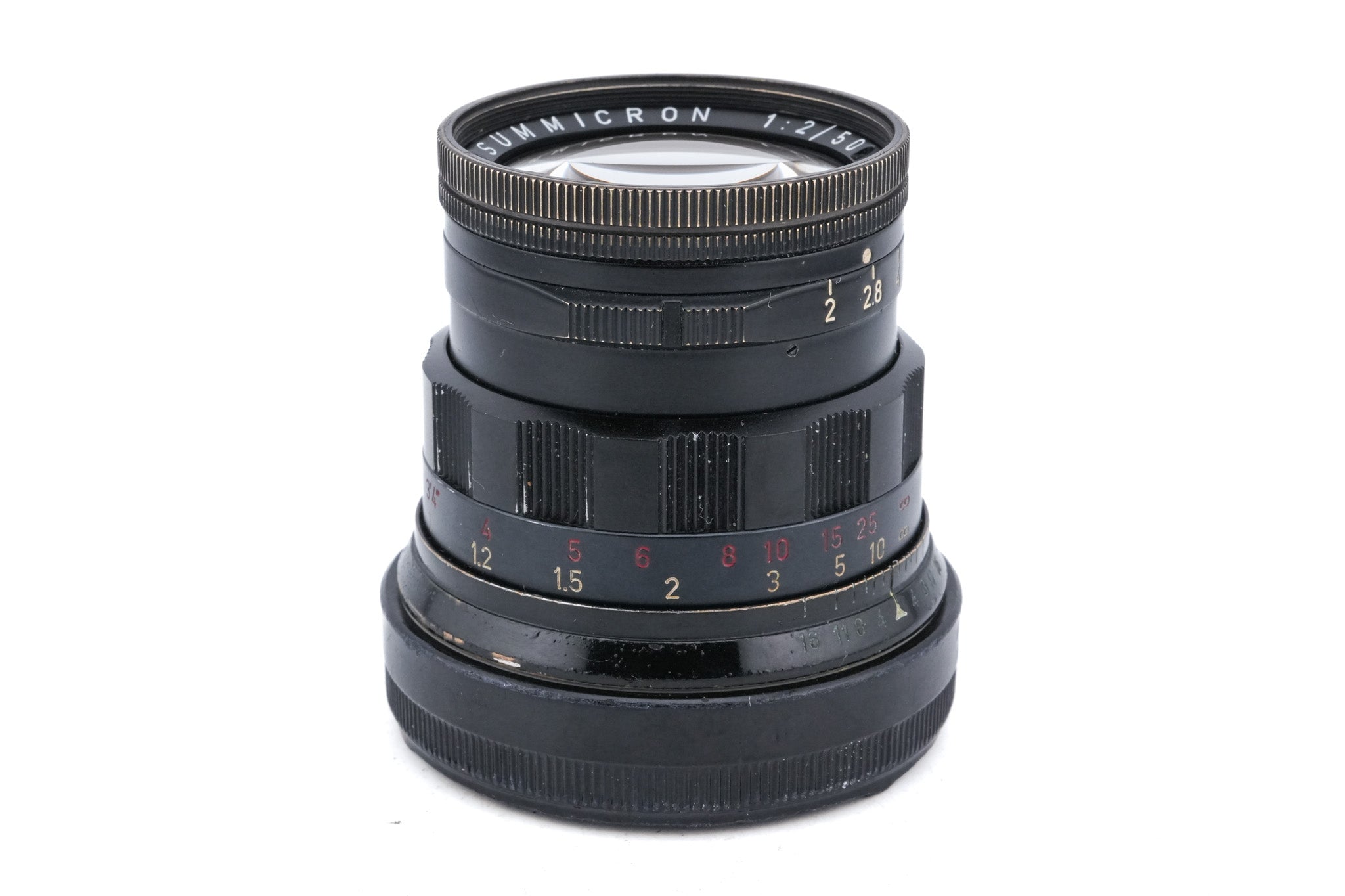 Leica 50mm f2 Summicron (Type II) (Black Paint, 11117) + Lens Hood (35/50mm f2-3.5) (IROOA / 12571)