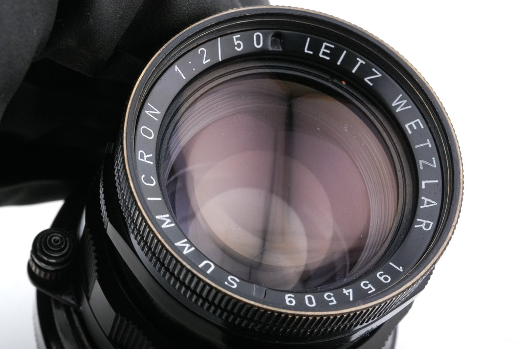 Leica 50mm f2 Summicron (Type II) (Black Paint, 11117) + Lens Hood (35/50mm f2-3.5) (IROOA / 12571)