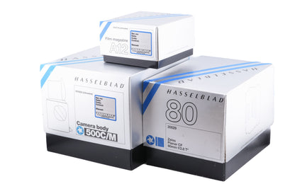 Hasselblad 500C/M (Silver, 10026) + 80mm f2.8 Planar T* CF (20029) + A12 Film Magazine (Silver, 30074) + Waist Level Finder (New / Chrome, 42315) + Acute Matte Focusing Screen (42165)