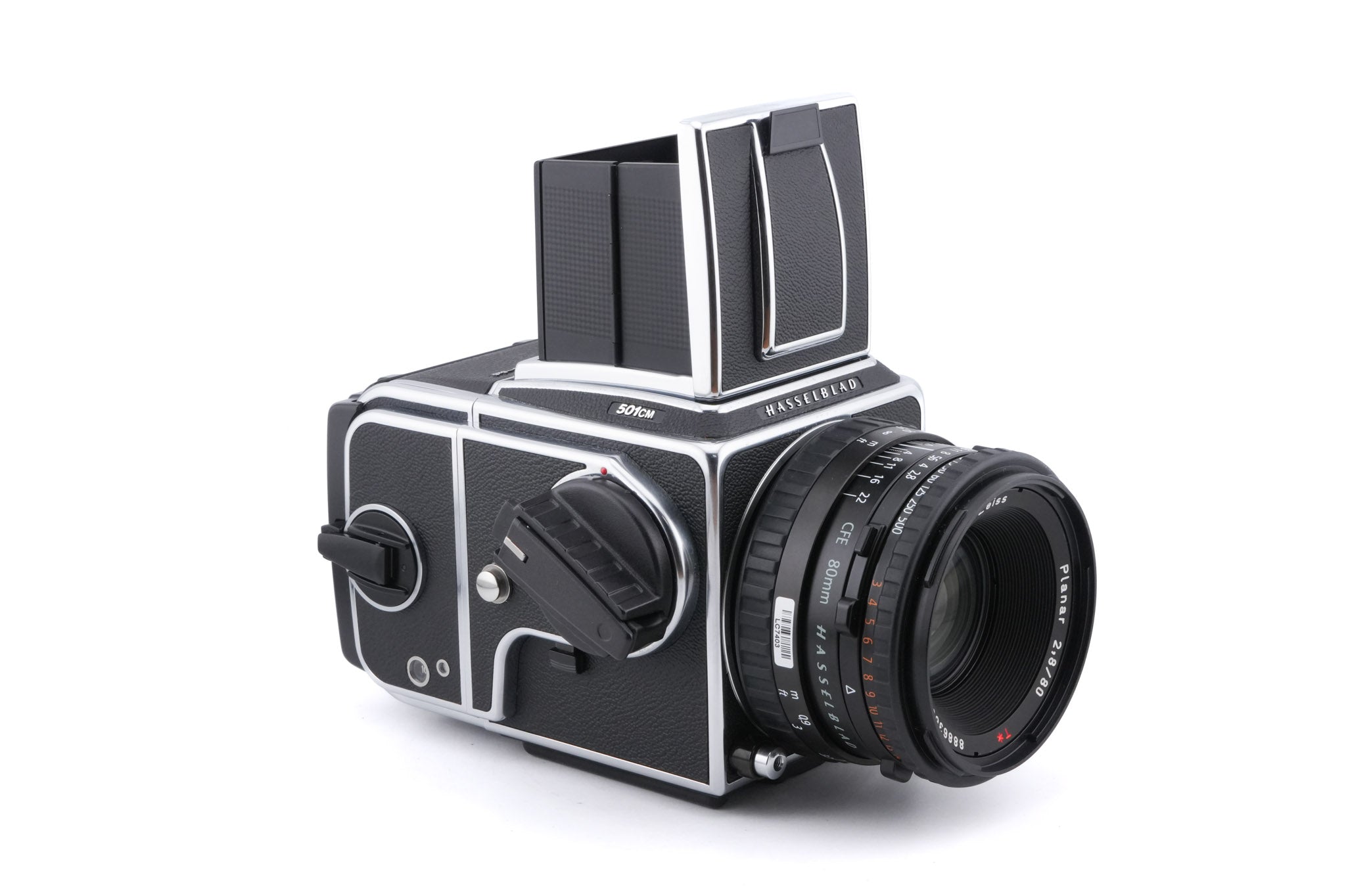 Hasselblad 501CM (Silver, 10238) + Waist Level Finder (New / Chrome, 42315) + 80mm f2.8 Planar T* CFE (20034) + A12N Film Magazine + Acute Matte D Microprism / Split Image Focusing Screen (42215)
