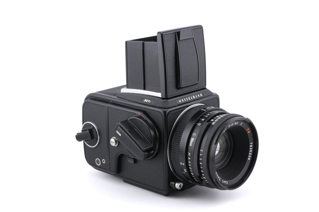 Hasselblad 501C (11045) + Waist Level Finder (New / Black, 42323) + A12N Film Magazine + 80mm f2.8 Planar T* C (New) (20029) + Acute Matte D Standard Focusing Screen (42204)