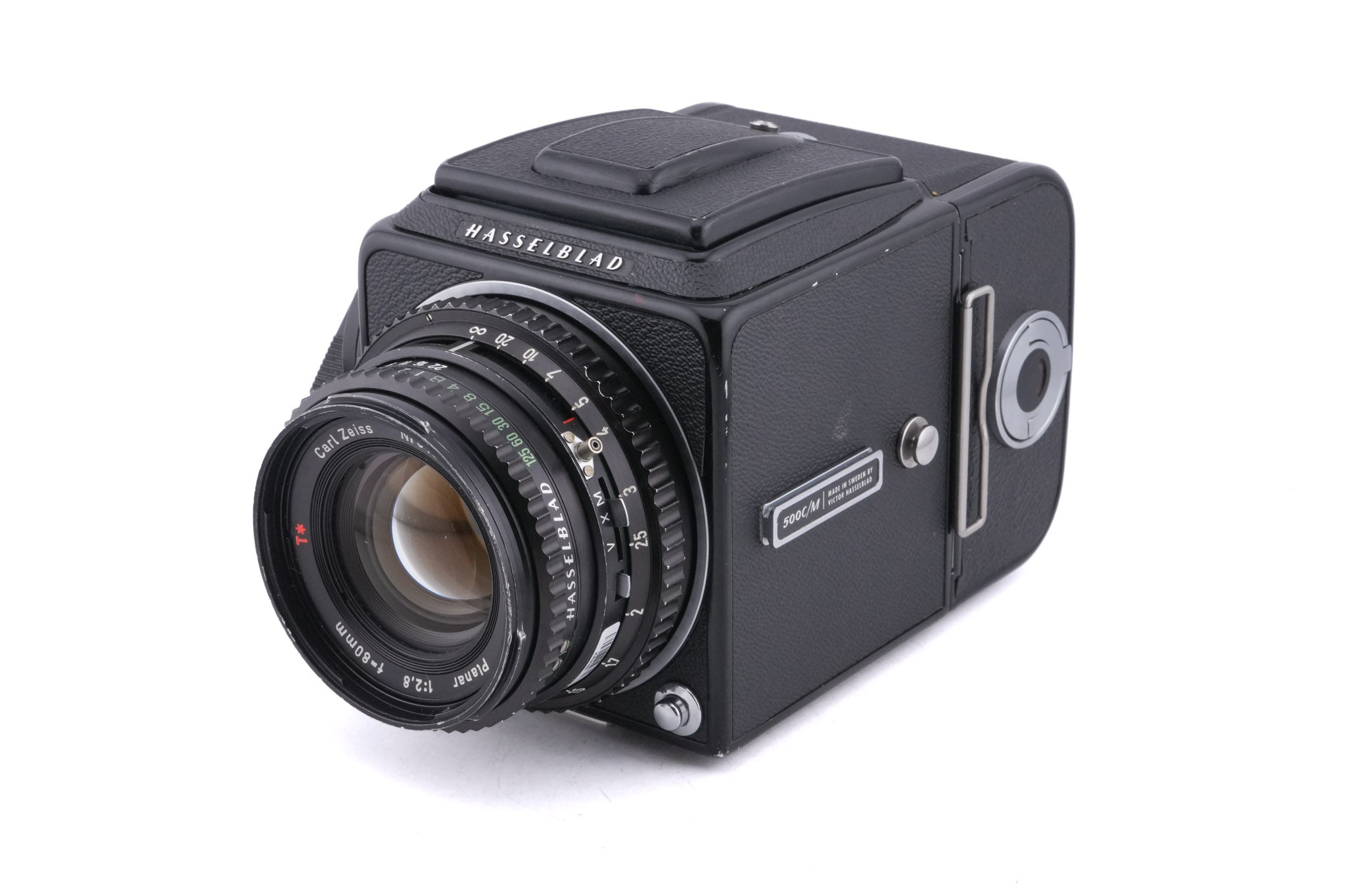 Hasselblad 500C/M (Black, 10170) + 80mm f2.8 Planar T* C (Black, 20028) + A12 Film Magazine (Black, 30147) + Waist Level Finder (Old / Black, 42277) + Acute Matte Focusing Screen (42165)