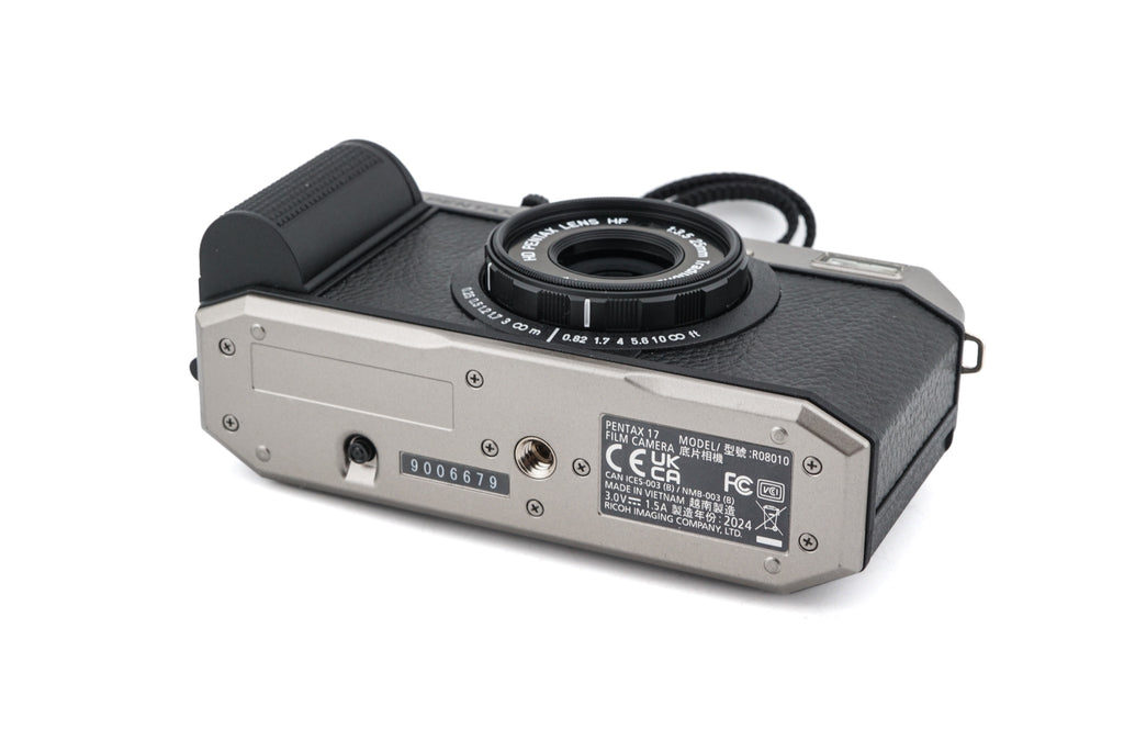 Pentax 17 half-frame camera bottom view on a white background.