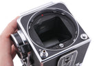 Hasselblad 500C/M (Silver, 10026) + 80mm f2.8 Planar T* C (Black, 20028) + A12 Film Magazine (Silver, 30074) + Waist Level Finder (New / Chrome, 42315) + Lens Shade 80 (40118/SEMOC) + Acute Matte Focusing Screen (42165) + Checked Screen (42072/TILMC)