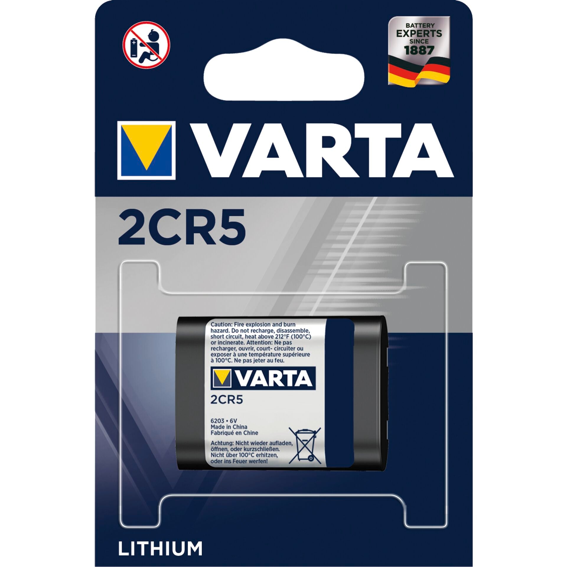 A battery in package on a white background. Varta 2CR5 6V.