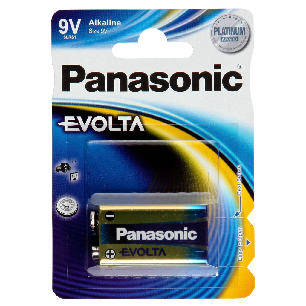 A battery in a package on a white background. Panasonic 6LR61 9V.