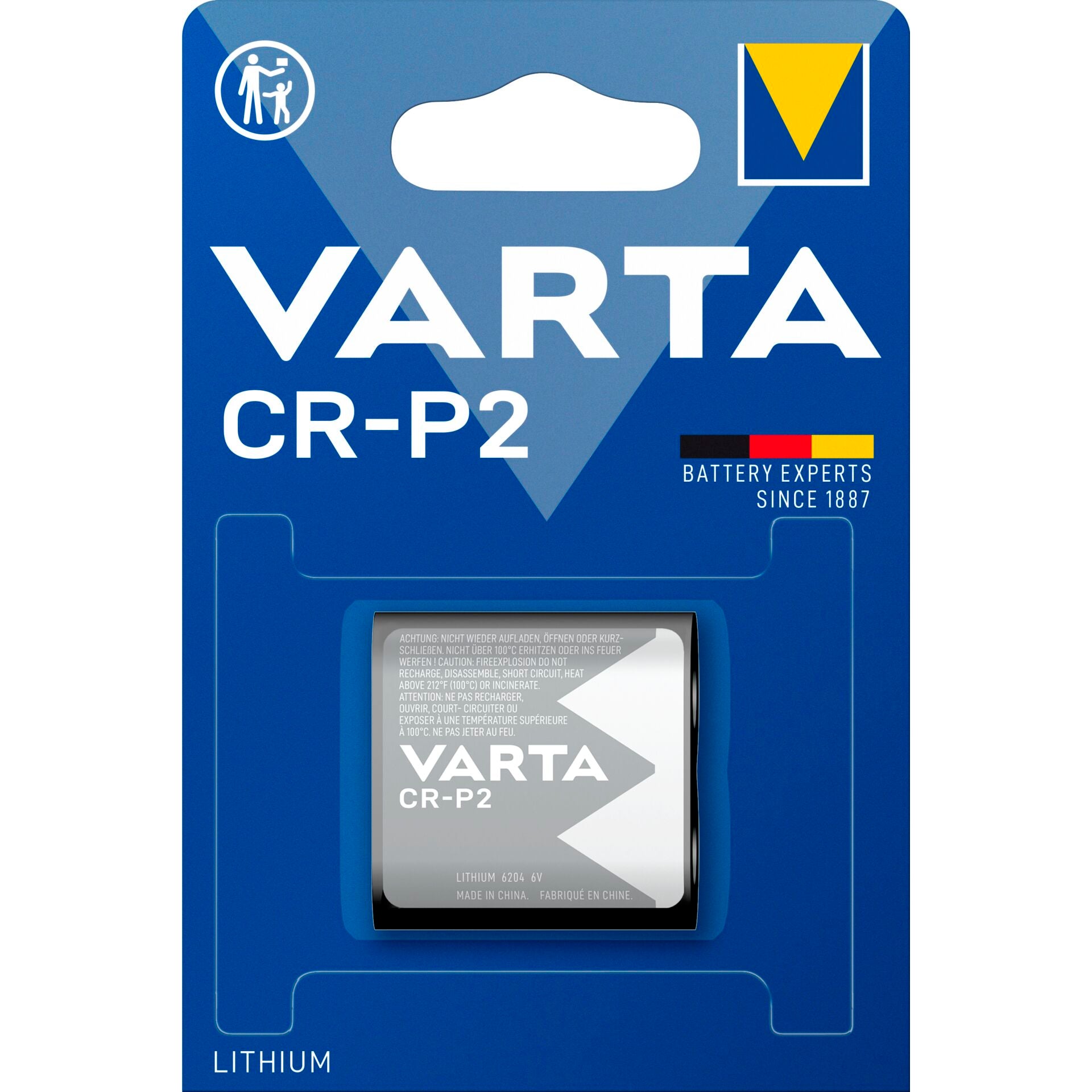 A battery in a package on a white background. Varta CRP2 6V.