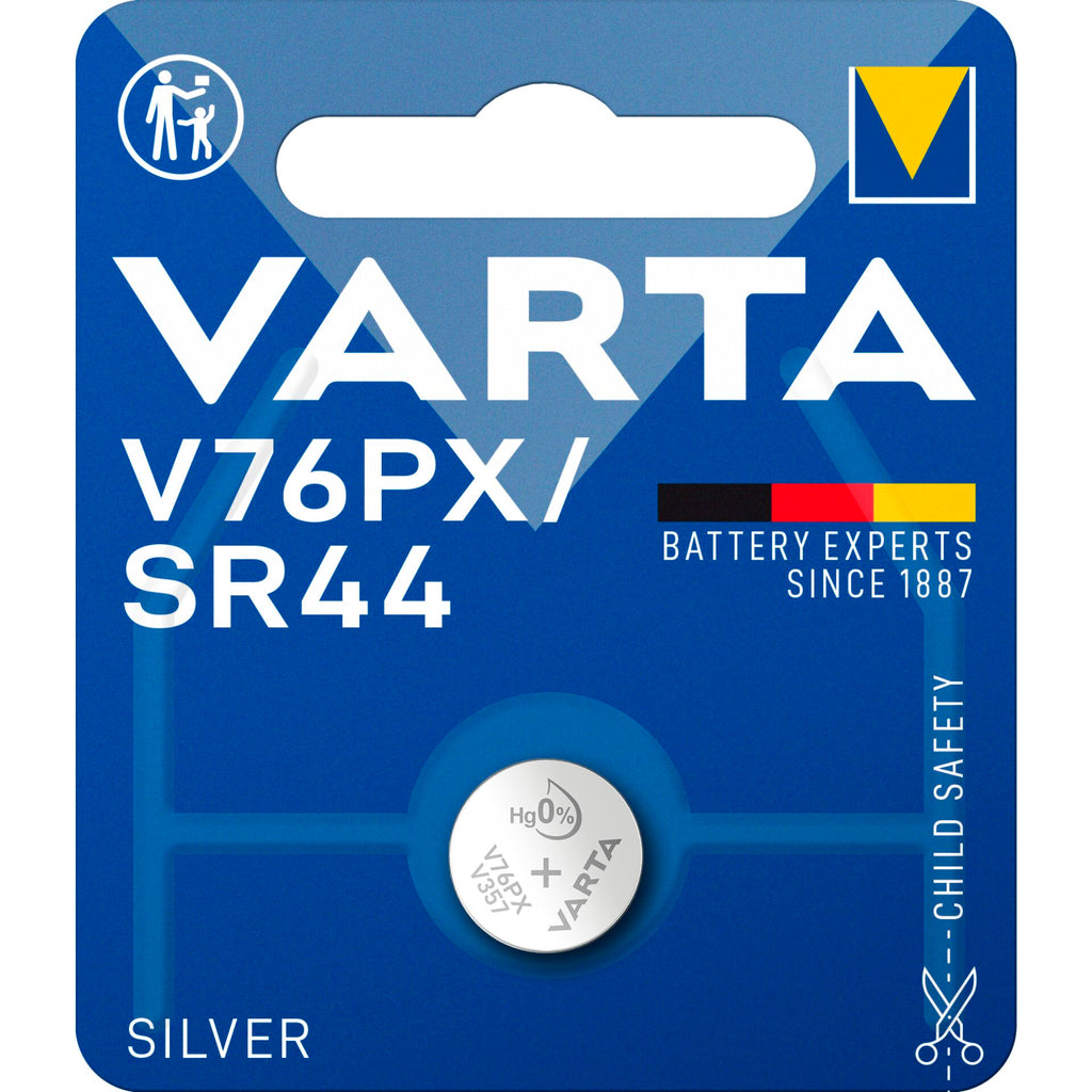 A battery in a package on a white background. Varta SR44 1.55V.