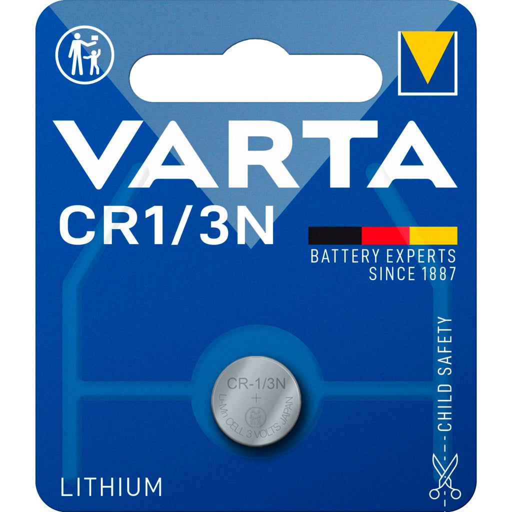 A battery in a package on a white background. Varta CR1/3N 3V.