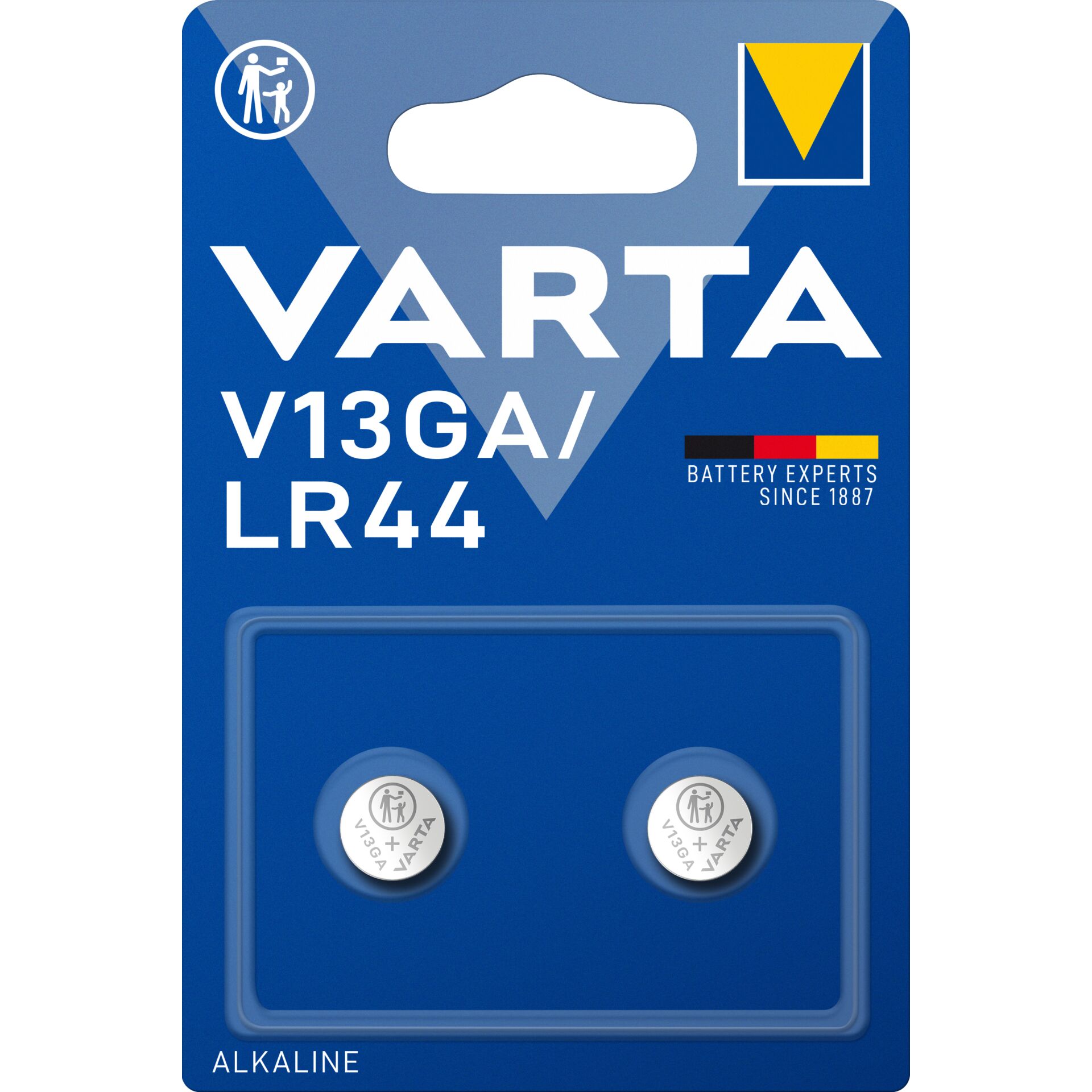 Batteries in a package on a white background. Varta 2x LR44 / V13GA.