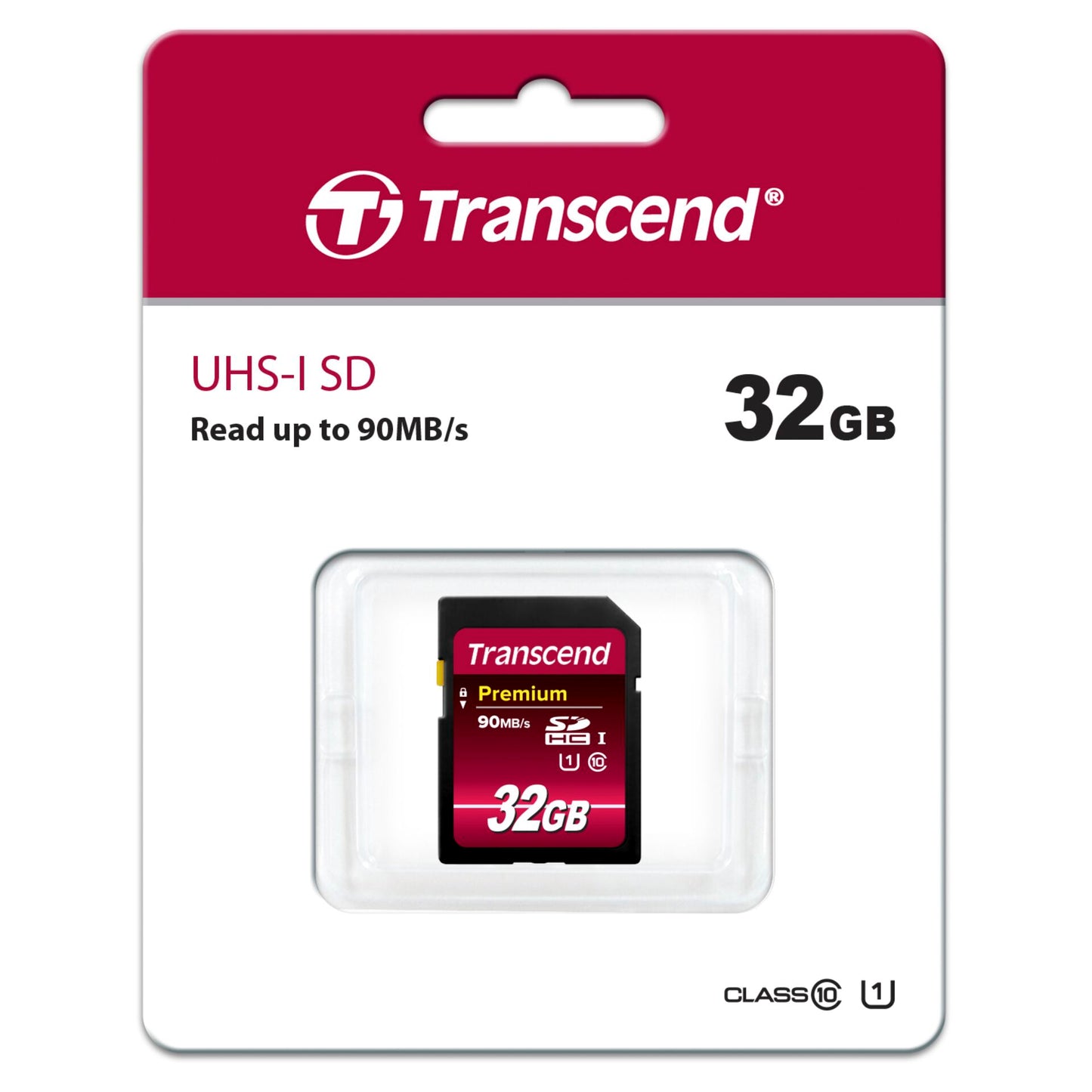 Transcend SDHC card package on a white background. UHS-I 32GB.