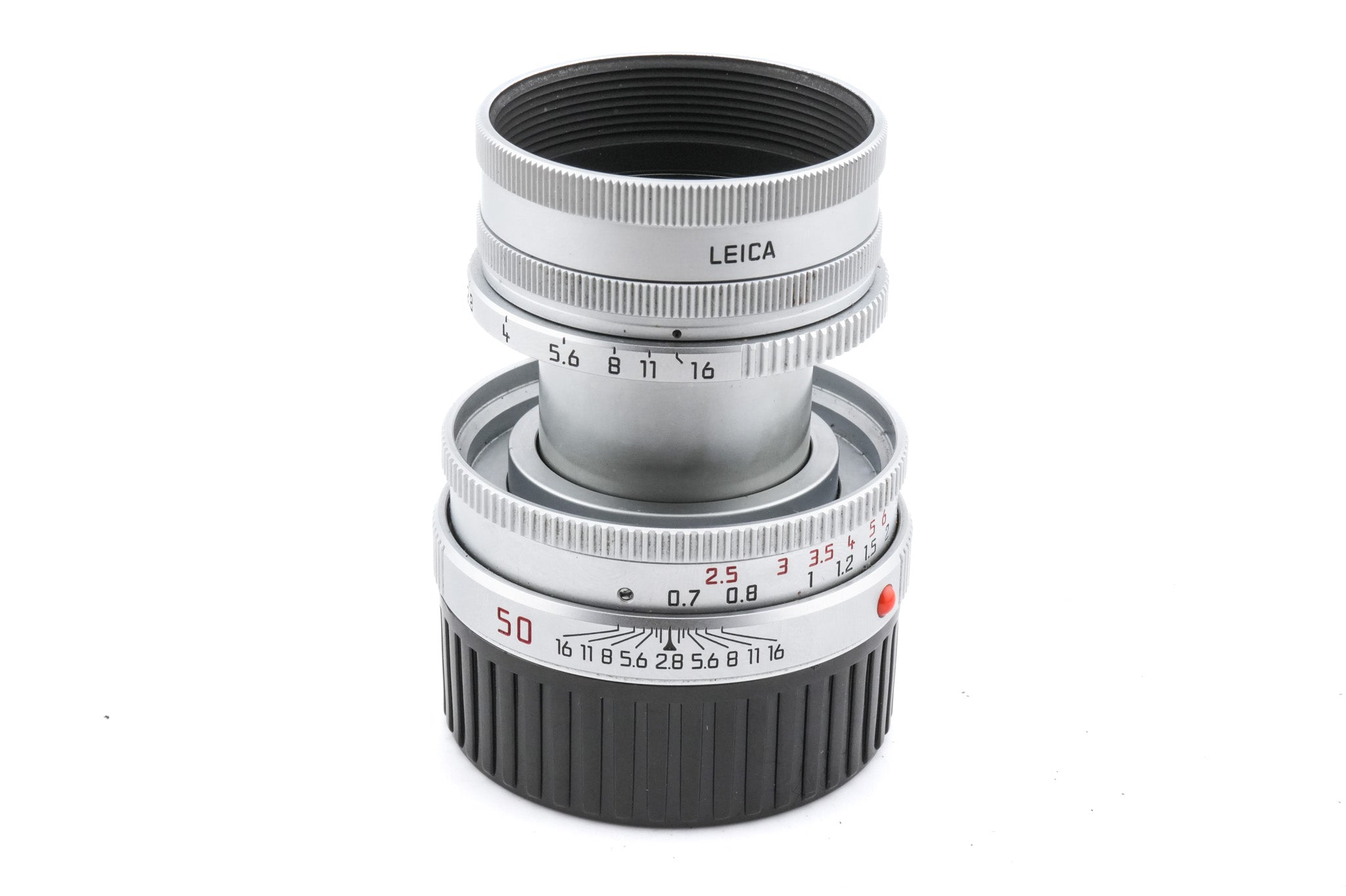 Leica 50mm f2.8 Elmar-M (Silver, 11823) + Lens Hood (50mm f2.8 Elmar-M) (12549)
