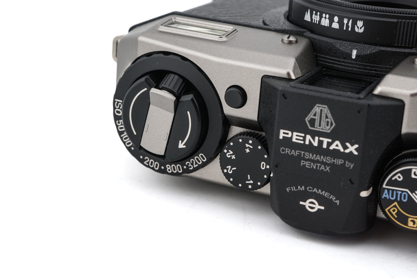 Pentax 17 film camera ISO dial, exposure compensation, and viewfinder