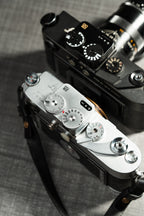 Two cameras on a table shot from above. A chrome and a black Doomo Meter D hot shoe light meters attached to top of both.