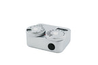 The top part of chrome color Doomo Meter D hot shoe light meter with white background.