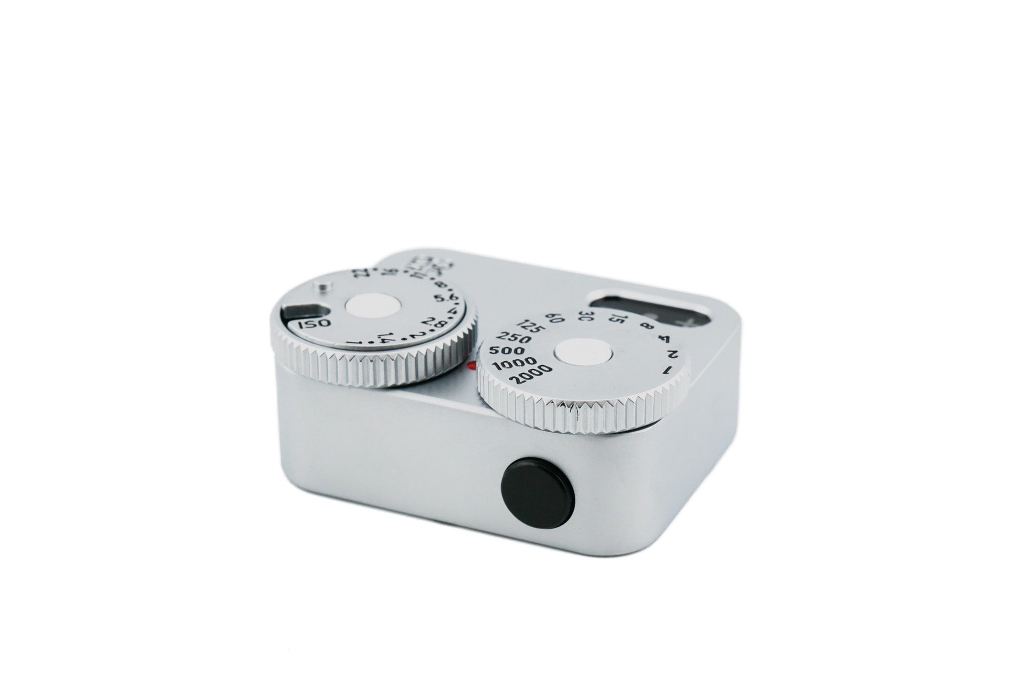 The top part of chrome color Doomo Meter D hot shoe light meter with white background.