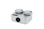 The top part of chrome color Doomo Meter D hot shoe light meter with white background.