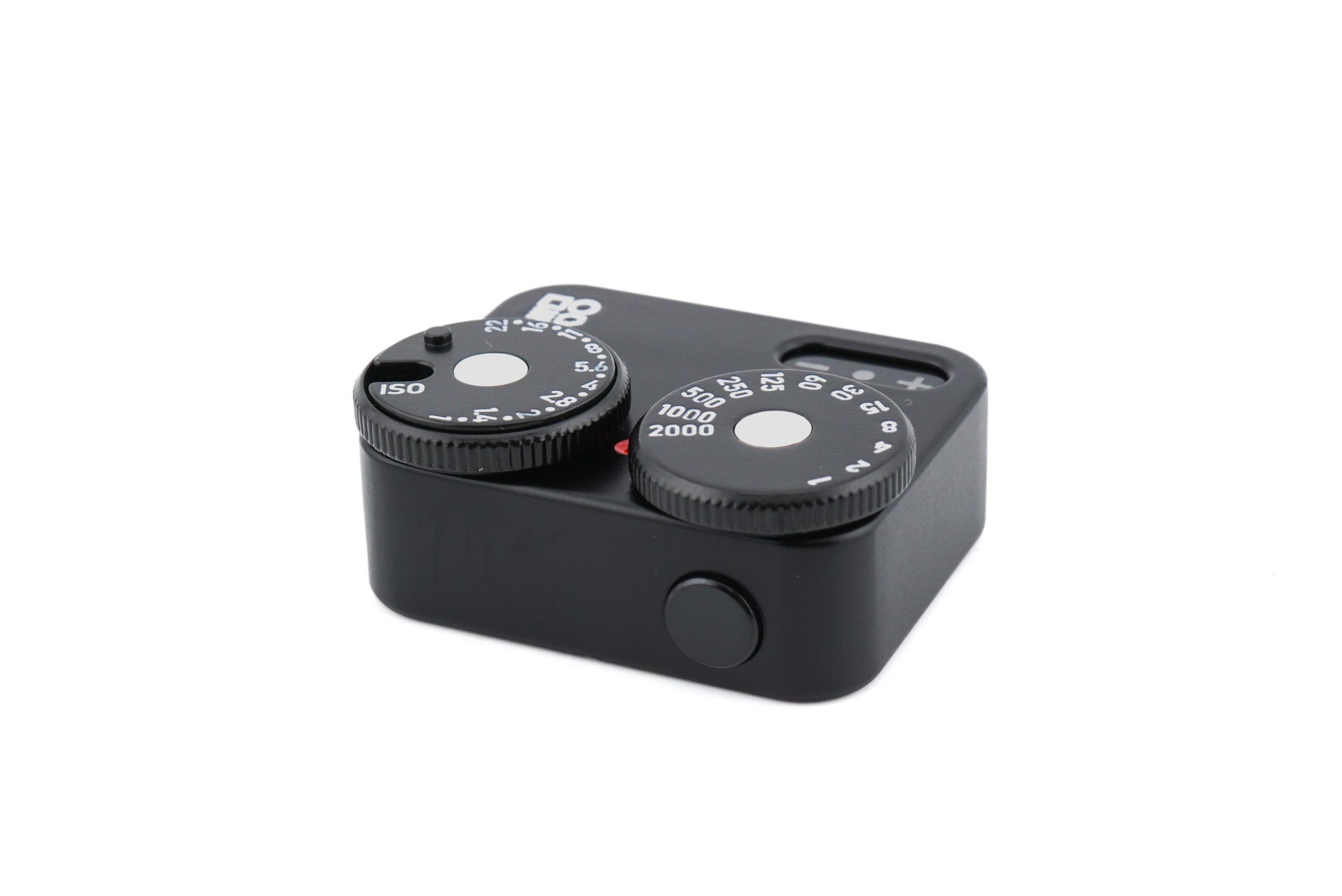 A black Doomo Meter D hot shoe light meter from the top with a white background.