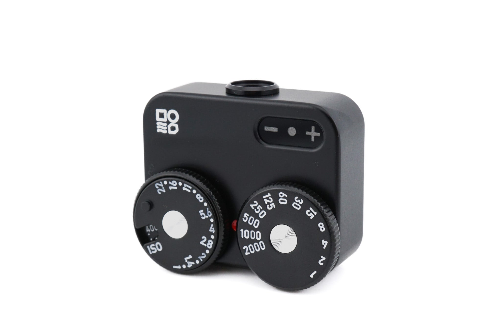 A black Doomo Meter D hot shoe light meter from the top with white background.