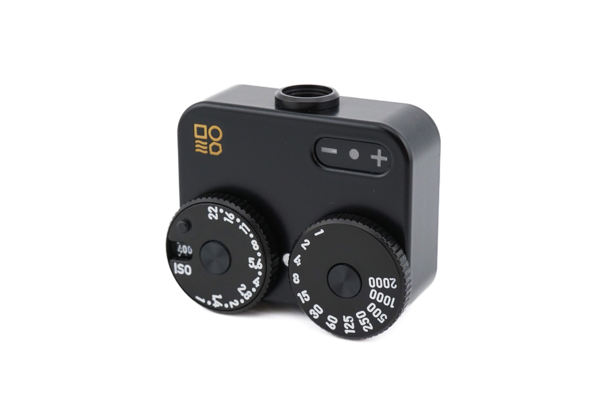 A black Doomo Meter D hot shoe light meter from the top with white background.