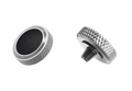 A close-up of JJC Deluxe soft release button from the front and side on a white background. Silver black color.  