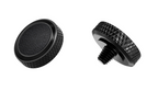 A close-up of JJC Deluxe soft release button from the front and side on a white background. Black color.  