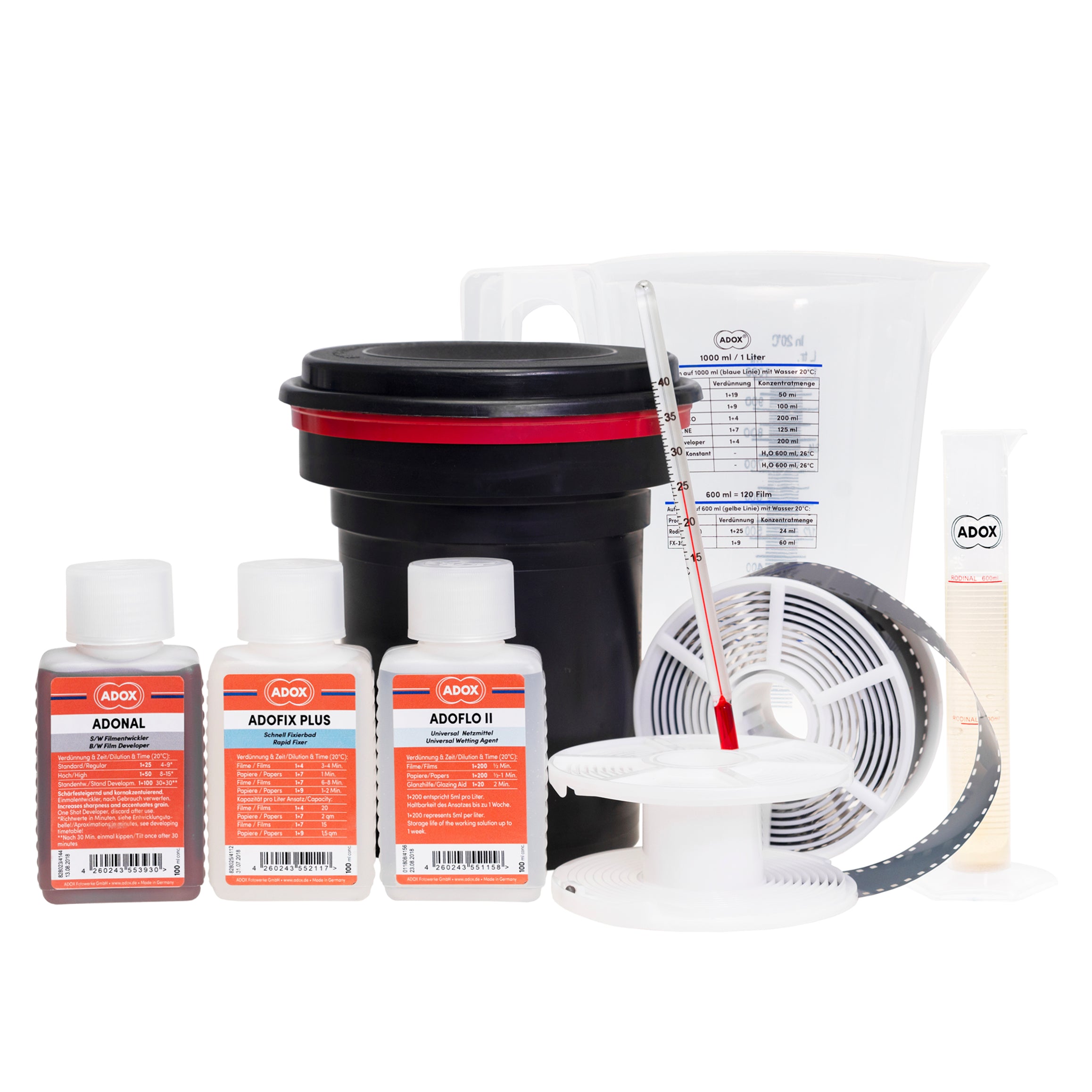 A FOTOIMPEX film developing starter kit on a white background. 