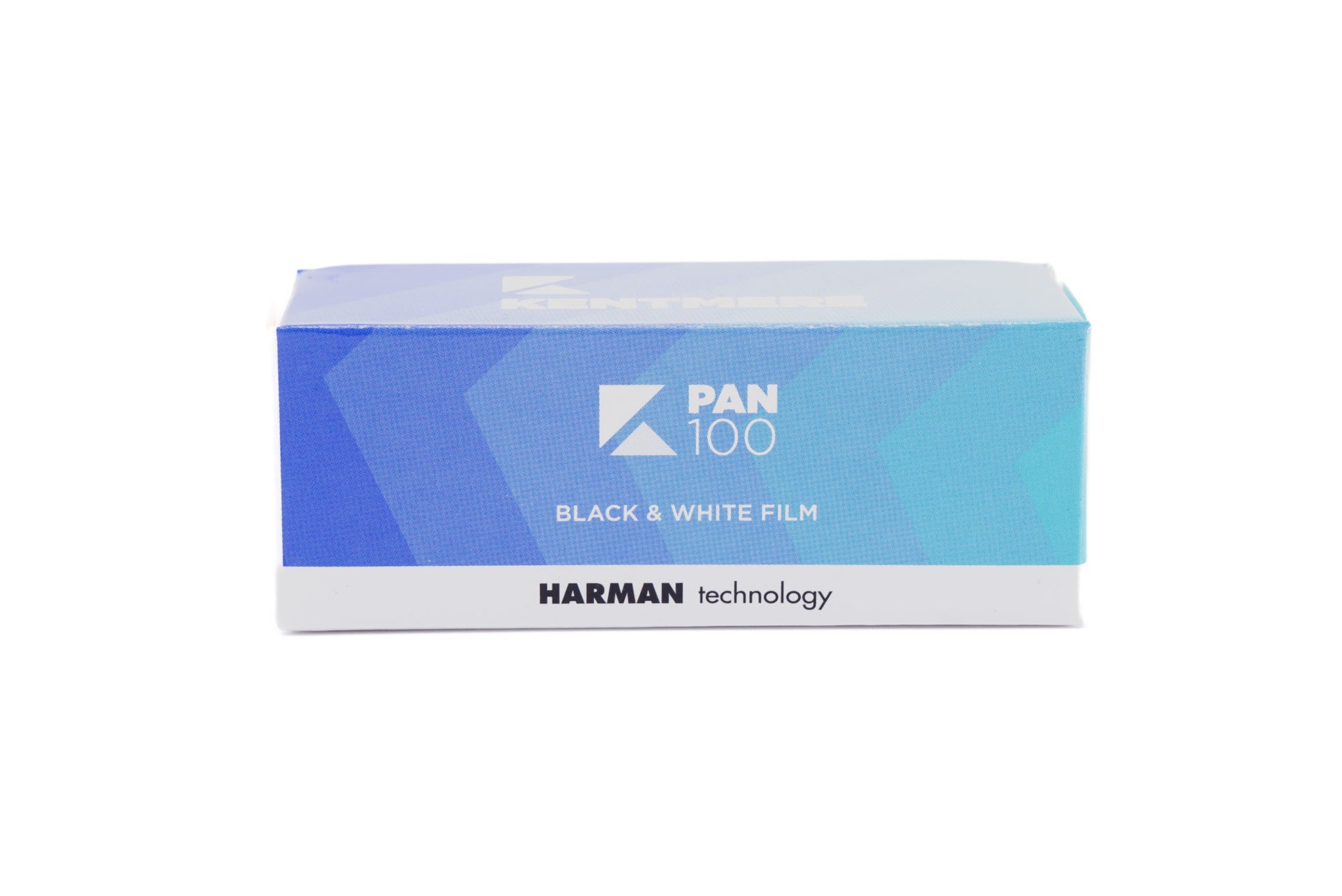 An Ilford Kentmere PAN 100 black and white film box on a white background. For 120mm medium format cameras.