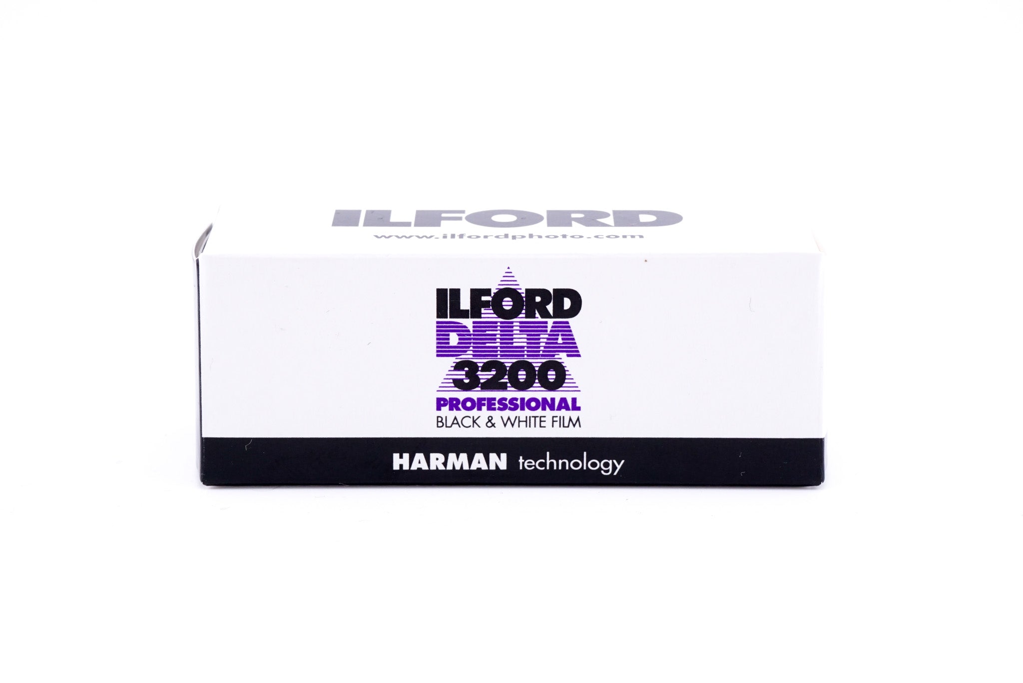 Ilford Delta 3200 Professional black and white film package on a white background. 120mm film for medium format cameras.