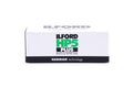 An Ilford HP5 Plus 400 black and white film box on a white background. For 120mm medium format cameras.