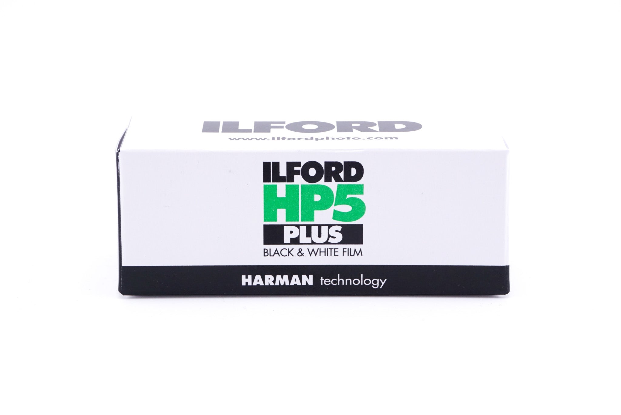 An Ilford HP5 Plus 400 black and white film box on a white background. For 120mm medium format cameras.