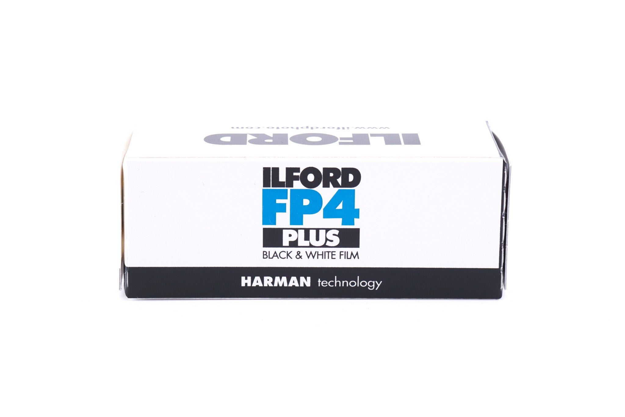 An Ilford FP4 Plus 125 black and white film roll box on a white background. For 120mm medium format cameras.