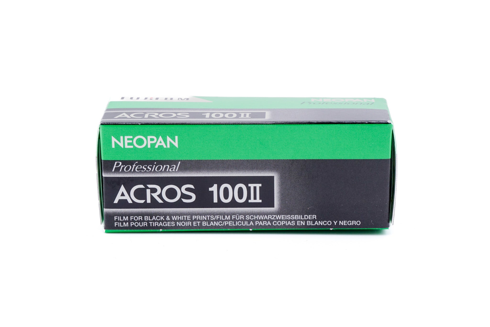 Fujifilm Neopan 100 Acros II package on a white background. For 120mm medium format cameras.