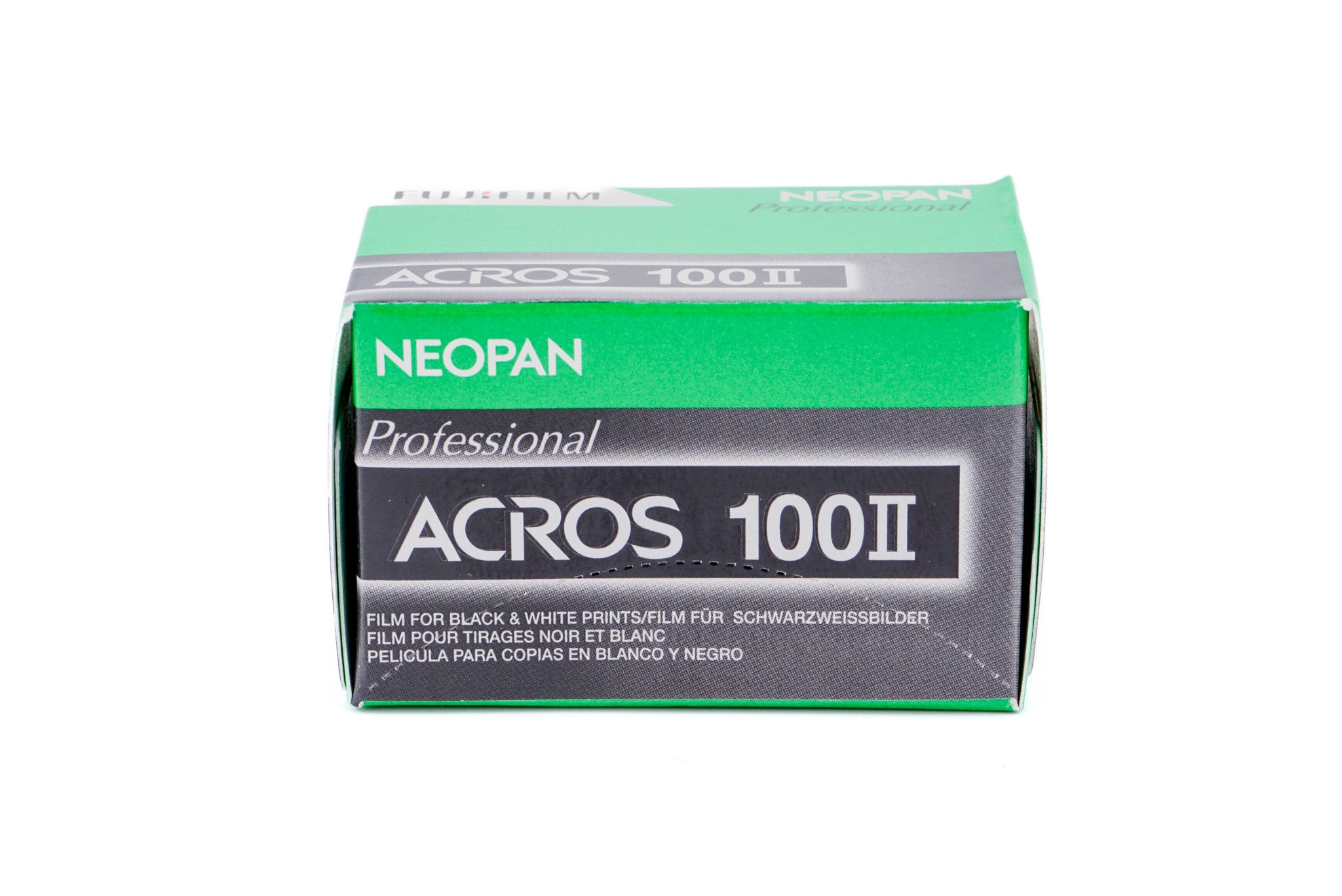 Fujifilm Neopan 100 Acros II package on a white background. For 35mm cameras.