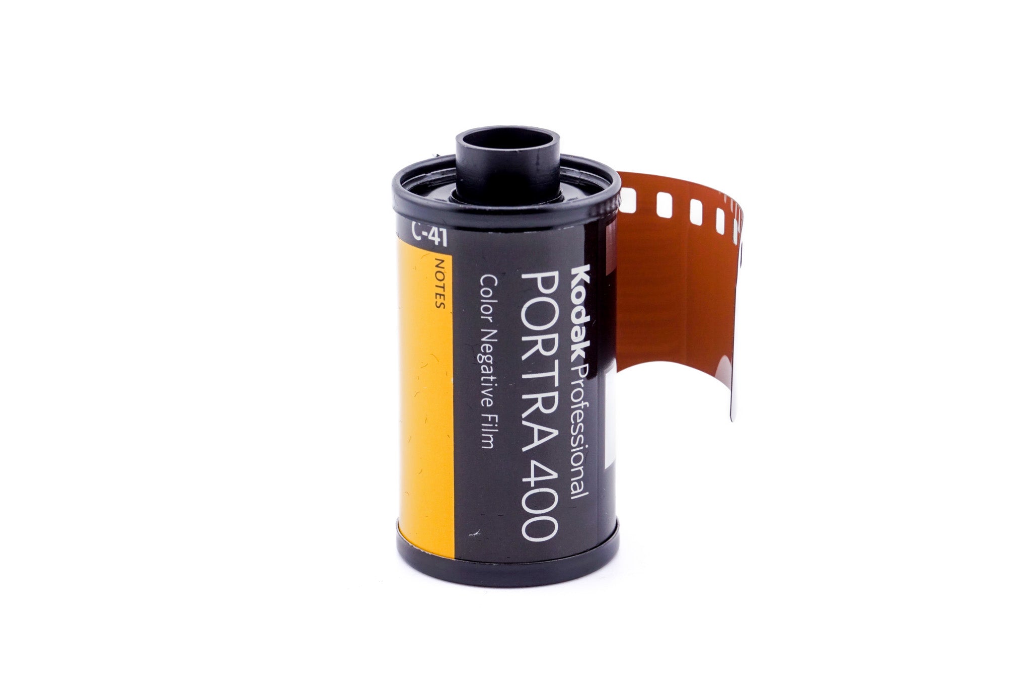 Kodak Portra 400 color negative film roll on a white background. For 35mm cameras.
