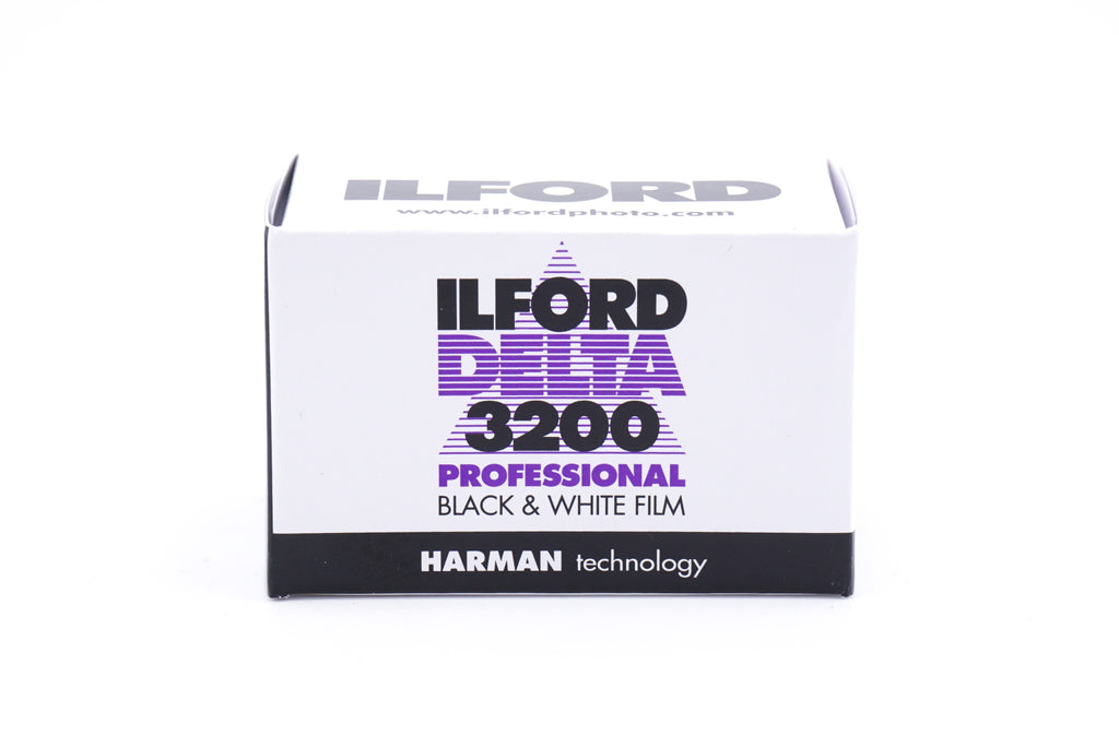 Ilford Delta 3200 Professional black and white film package on a white background. 35mm film.