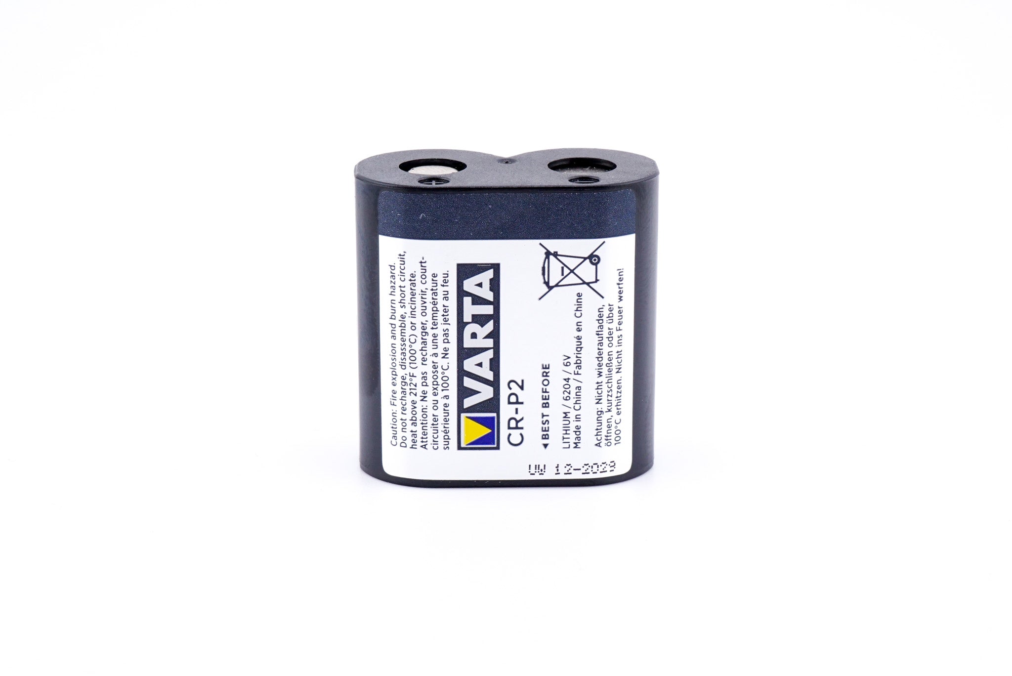 A battery on a white background. Varta CRP2 6V.