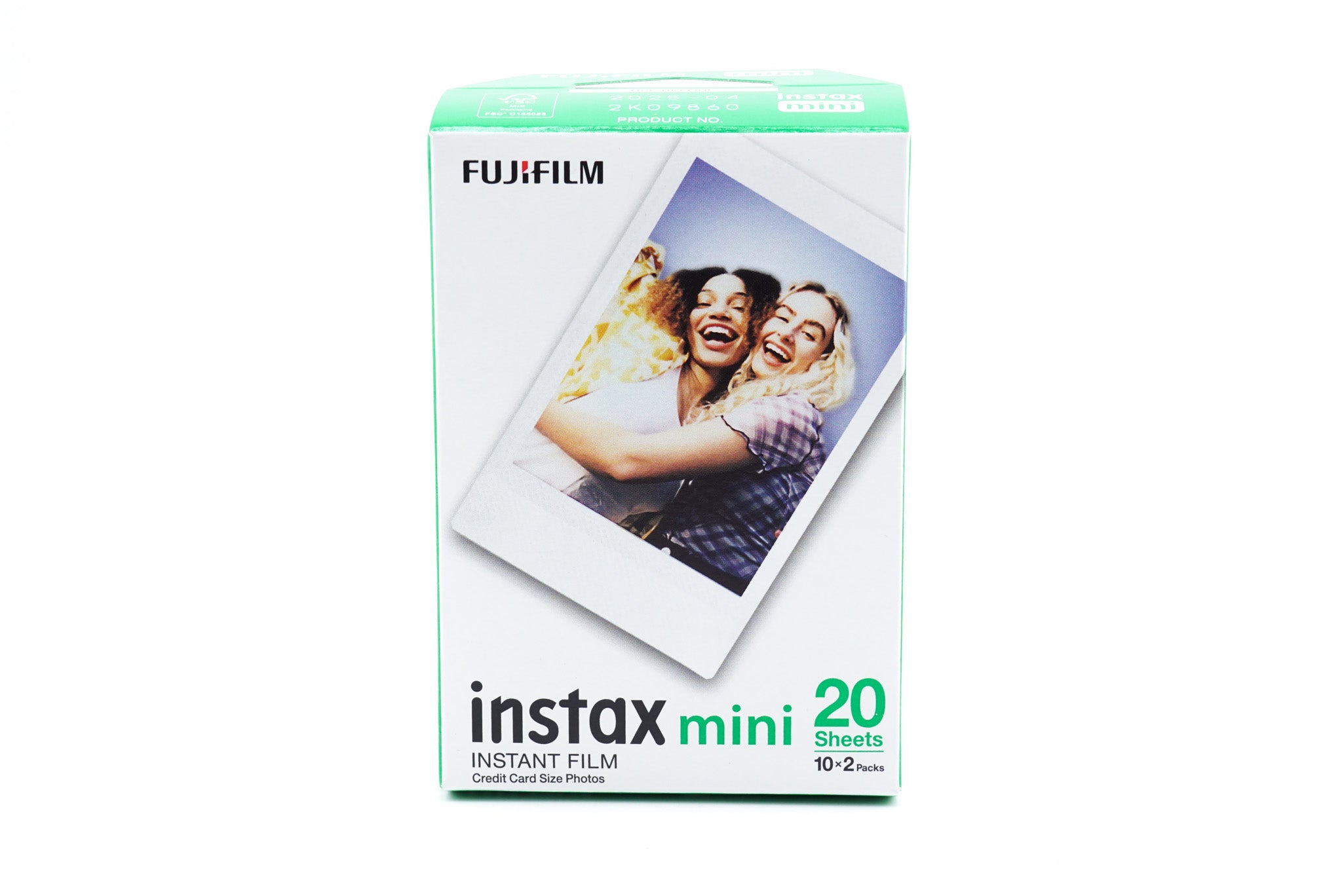 A Fujifilm Instax Mini 2-pack box on a white background. 10 pictures per pack.