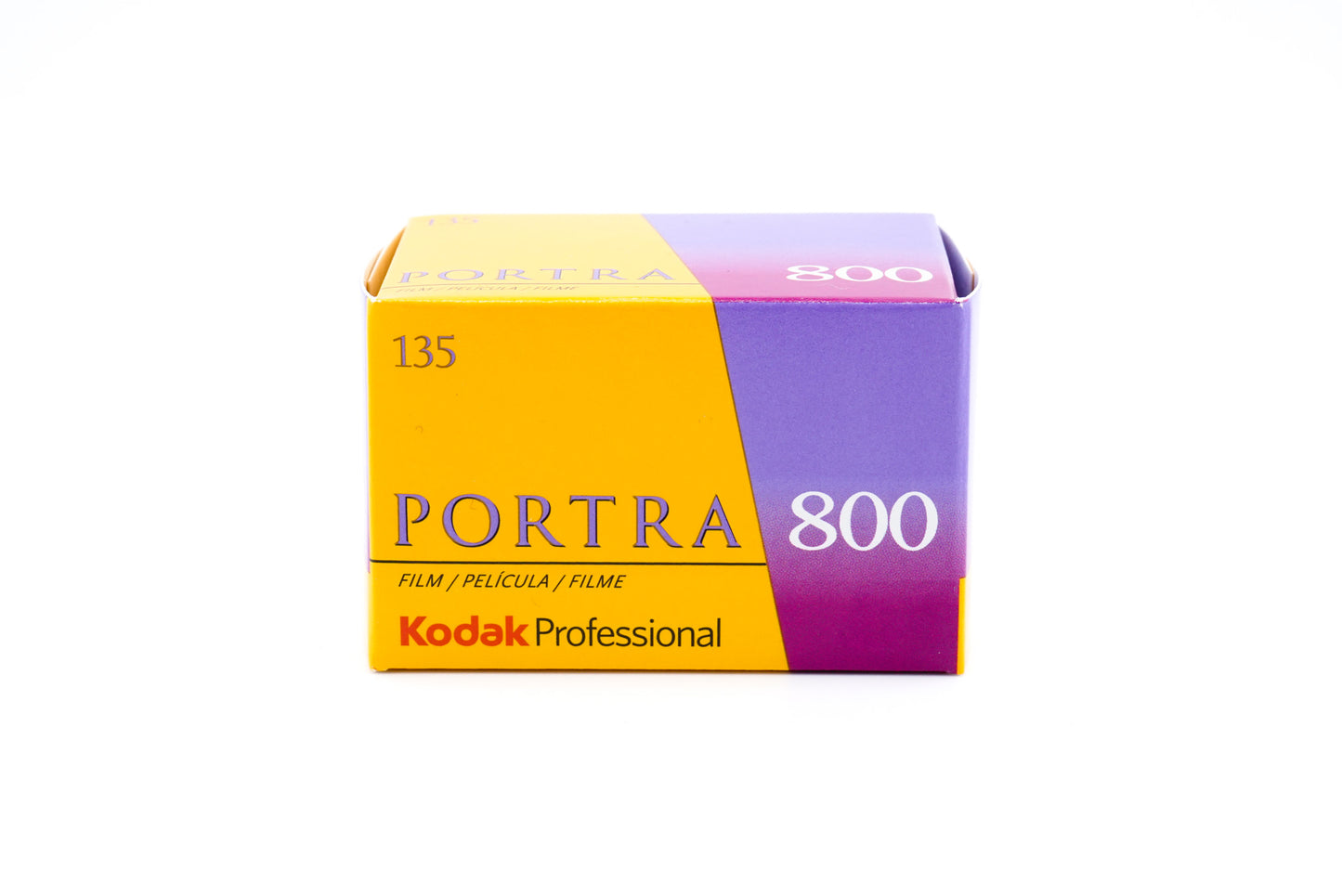 Boxed Kodak Portra 800 film on a white background. 
