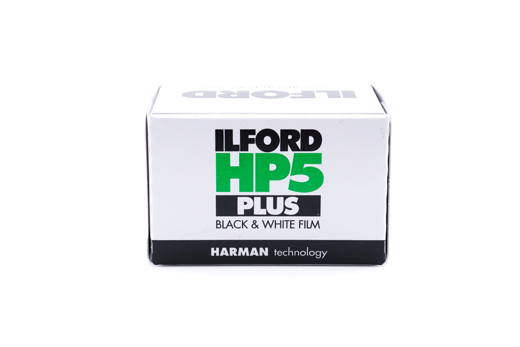 Ilford HP5 Plus 400 black and white film box on a white background. For 35mm cameras.