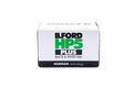 Ilford HP5 Plus 400 black and white film box on a white background. For 35mm cameras.