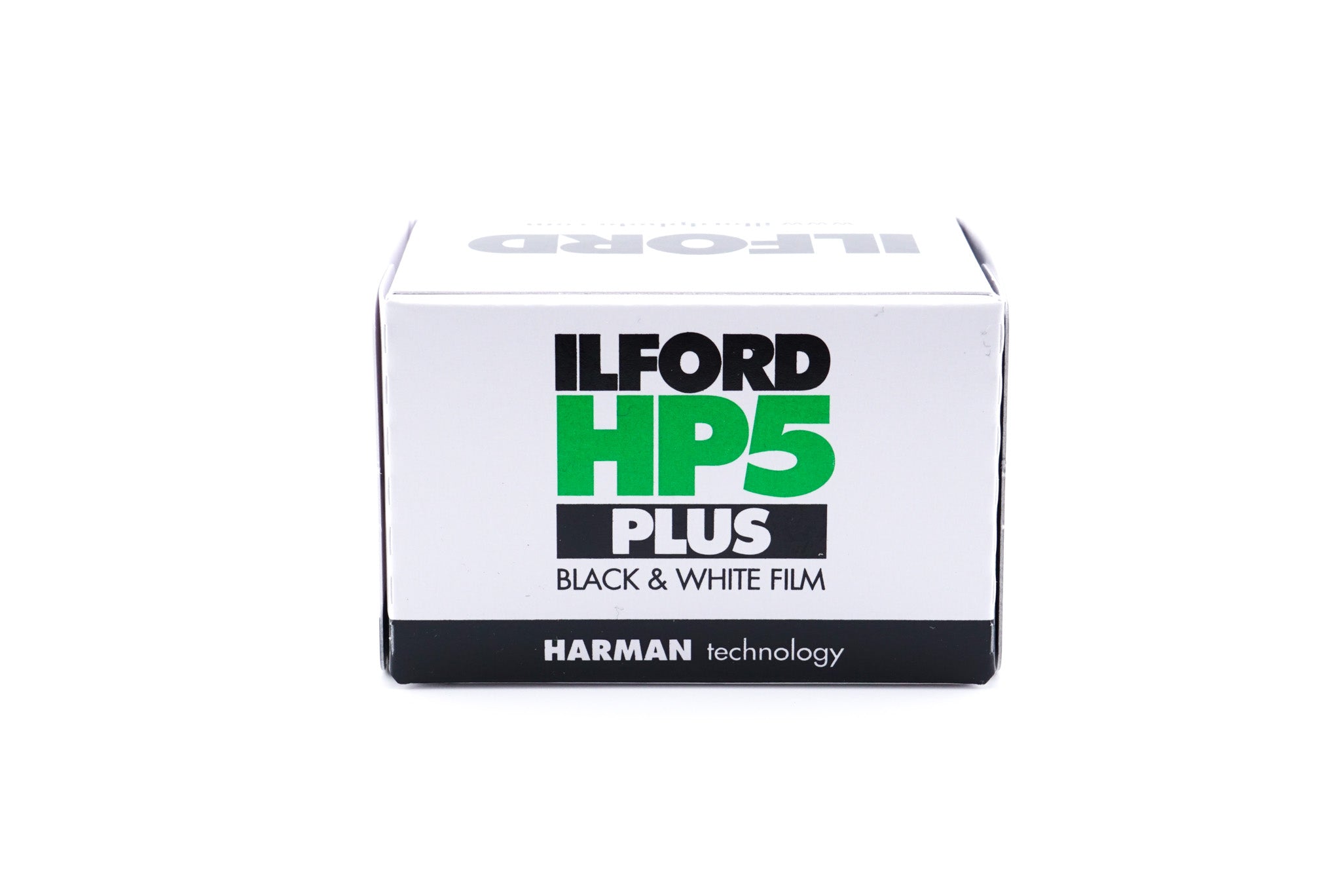 Ilford HP5 Plus 400 black and white film box on a white background. For 35mm cameras.