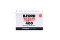 Ilford XP2 Super 400 black and white film in a package on a white background. For 35mm cameras.