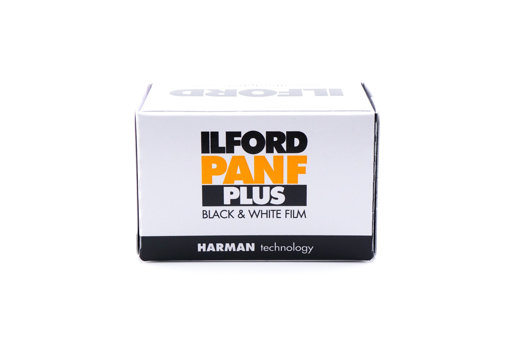 Ilford Pan F Plus 50 black and white film package on a white background. For 35mm cameras.