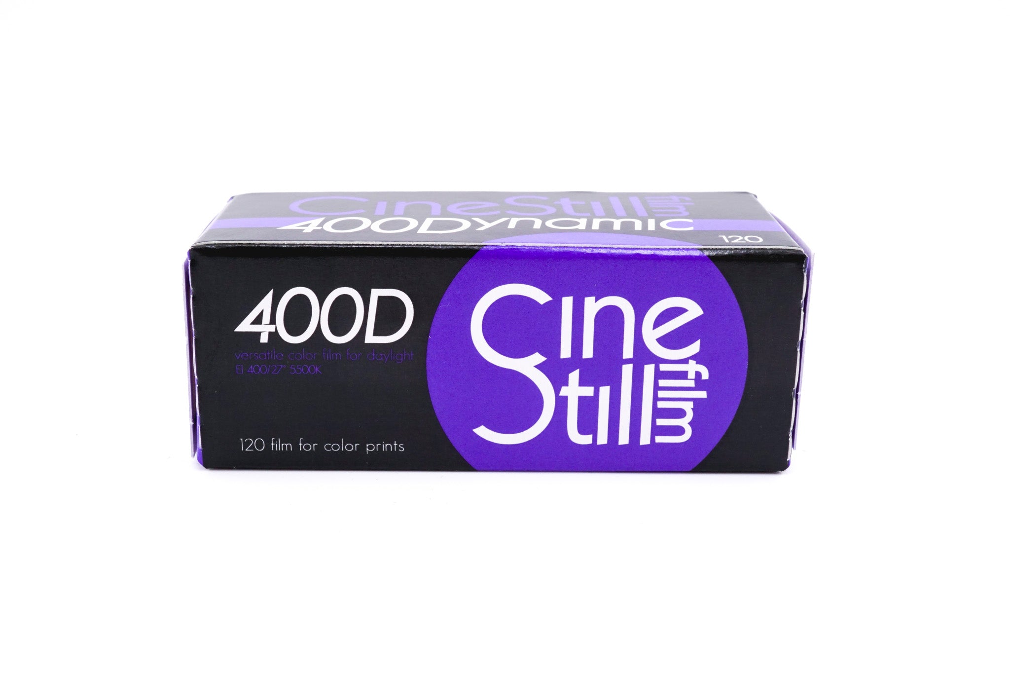 A package of CineStill 400Dynamic color negative film on a white background. 