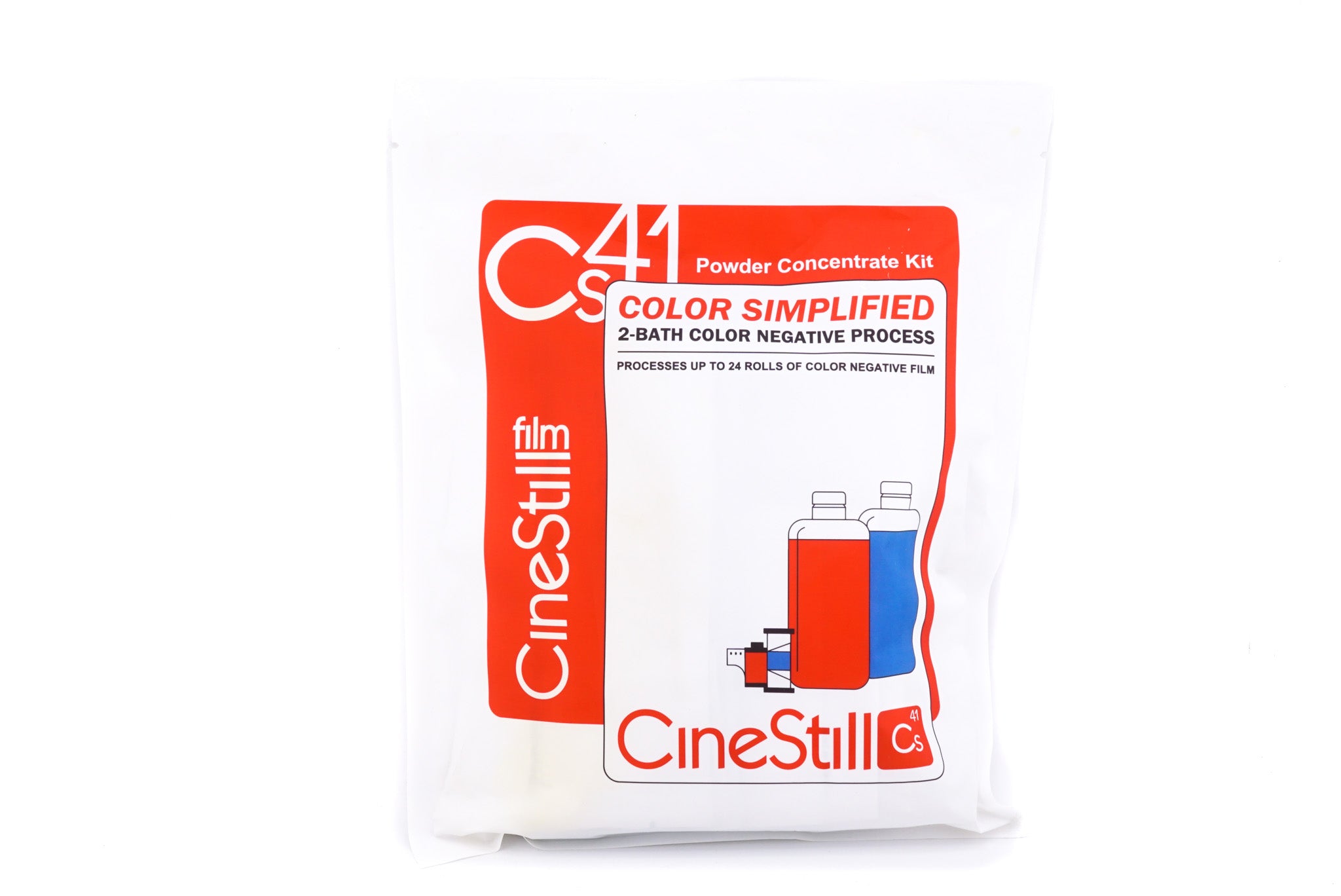 Cinestill Cs41 powder concentrate kit package on a white background. 