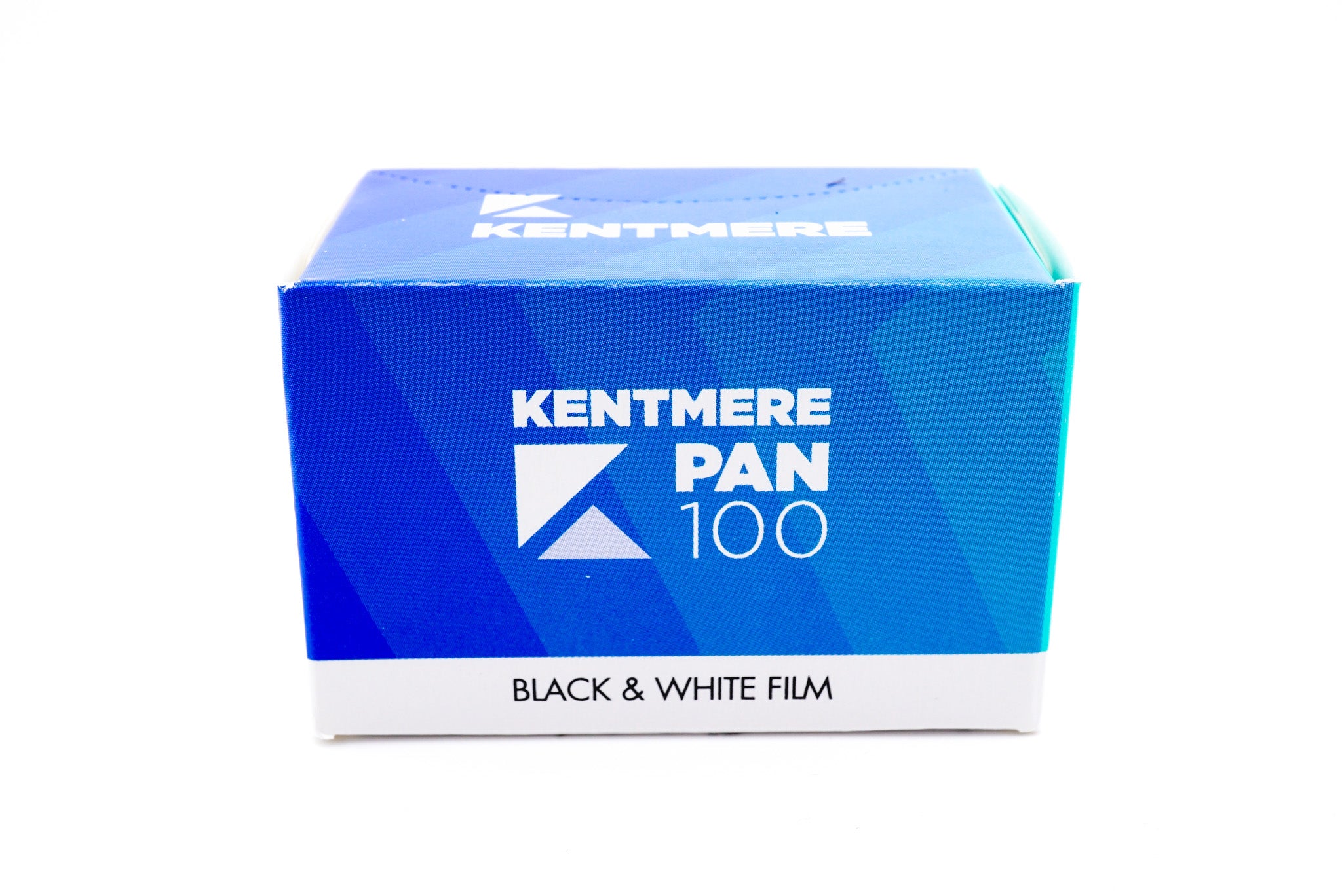 An Ilford Kentmere 100 black and white film box on a white background. For 35mm cameras. 
