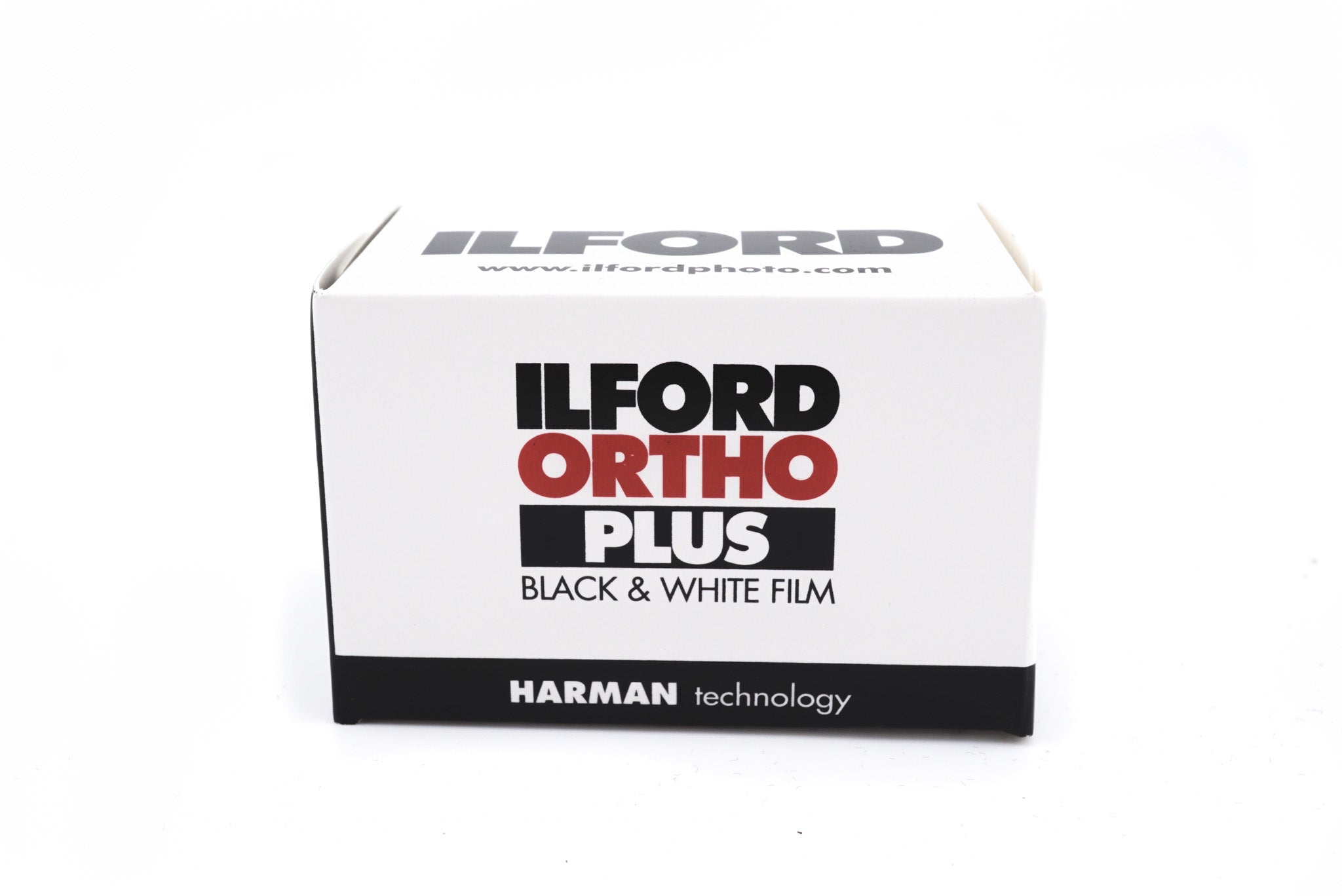 An Ilford Ortho Plus 80 black and white film box on a white background. For 35mm cameras.