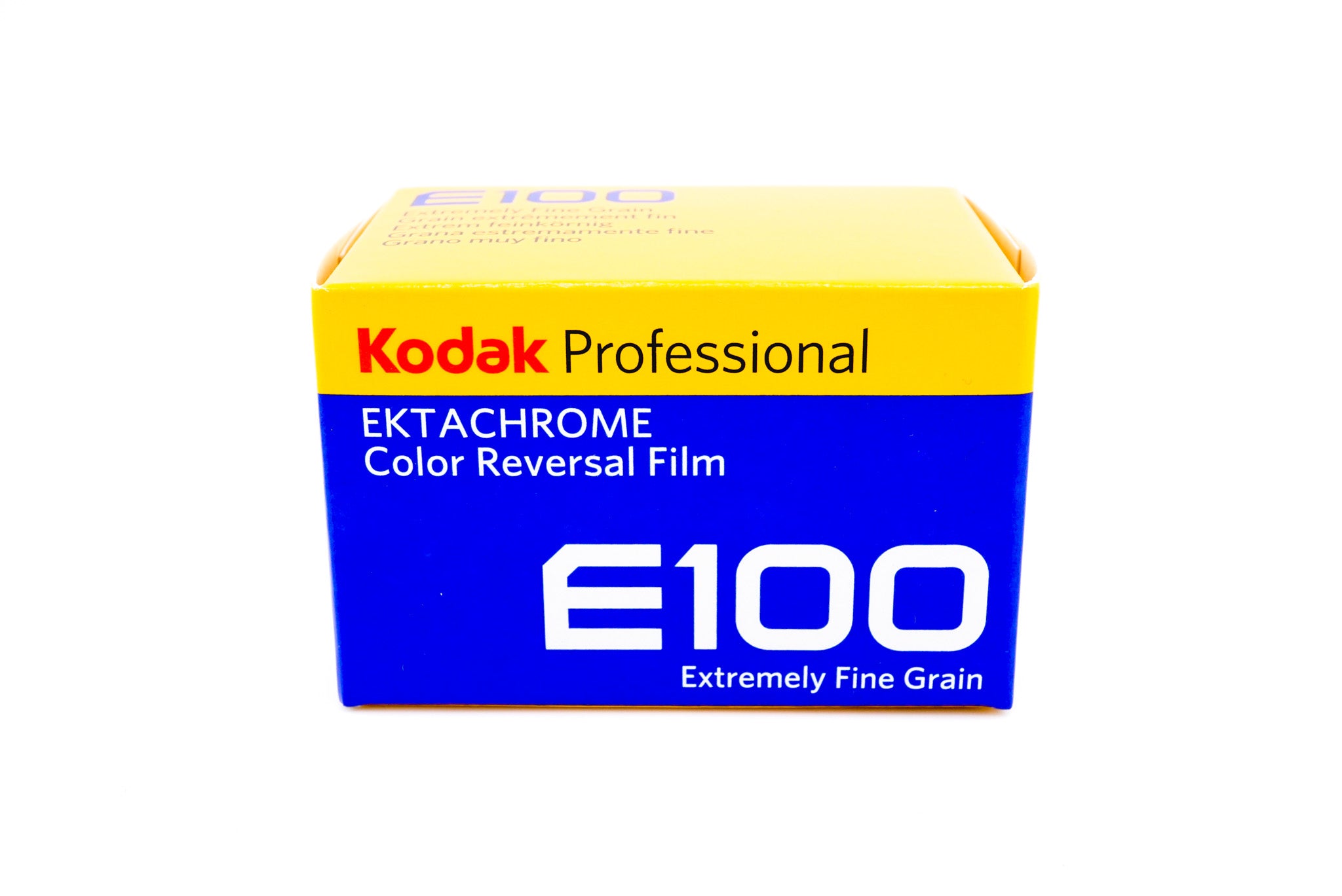 A Kodak Ektachrome E100 film in a package on a white background. 35mm film.